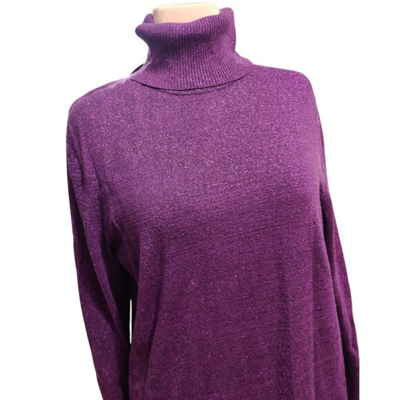 Plus Size 2X Womens Purple Sweater Metallic Shimmer Turtleneck Ribbed Cuff Tunic - Picture 9 of 15